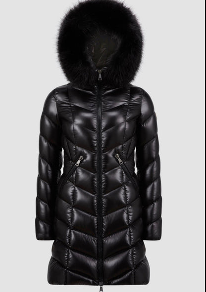 MONCLER DONNA NERO LUNGO LUCIDO CON PELLICCIA