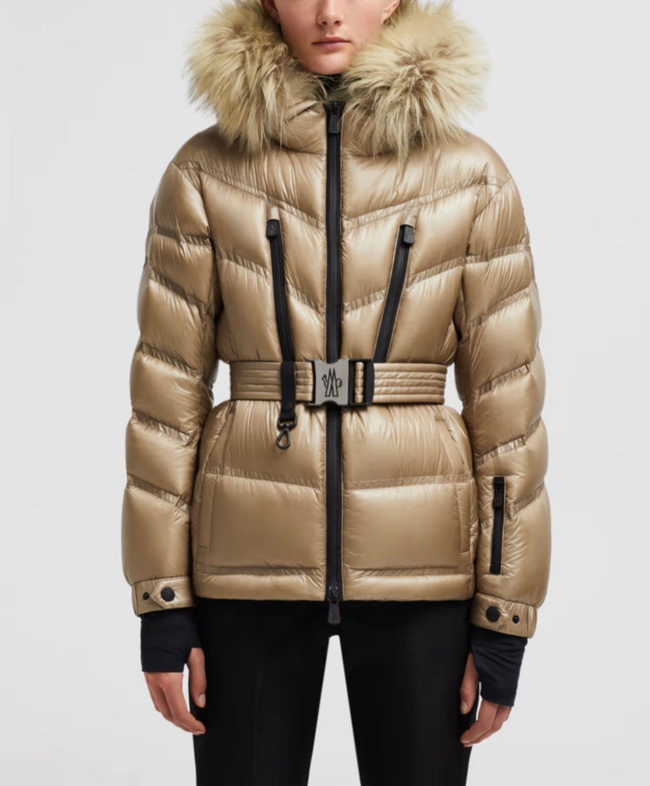 MONCLER DONNA CORTO CINTA LOGO PELLICCIA BEIGE