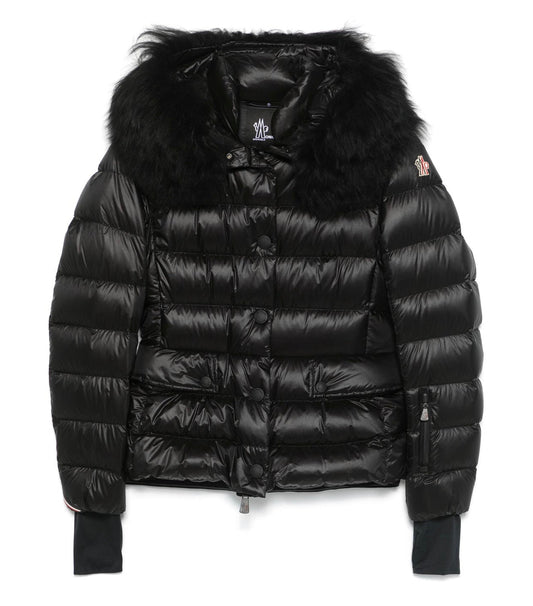 MONCLER DONNA CORTO NERO CON PELLICCIA LOGO SPALLA